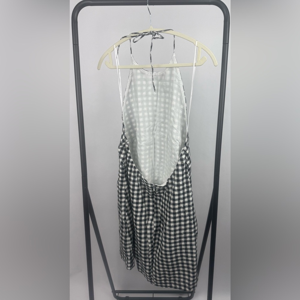 Abercrombie & Fitch Gingham Halter Mini Dress Large Tall Black White Linen Blend - Picture 8 of 11